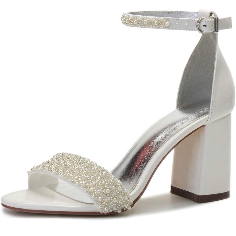 Pearl White Block Wedding Sandals